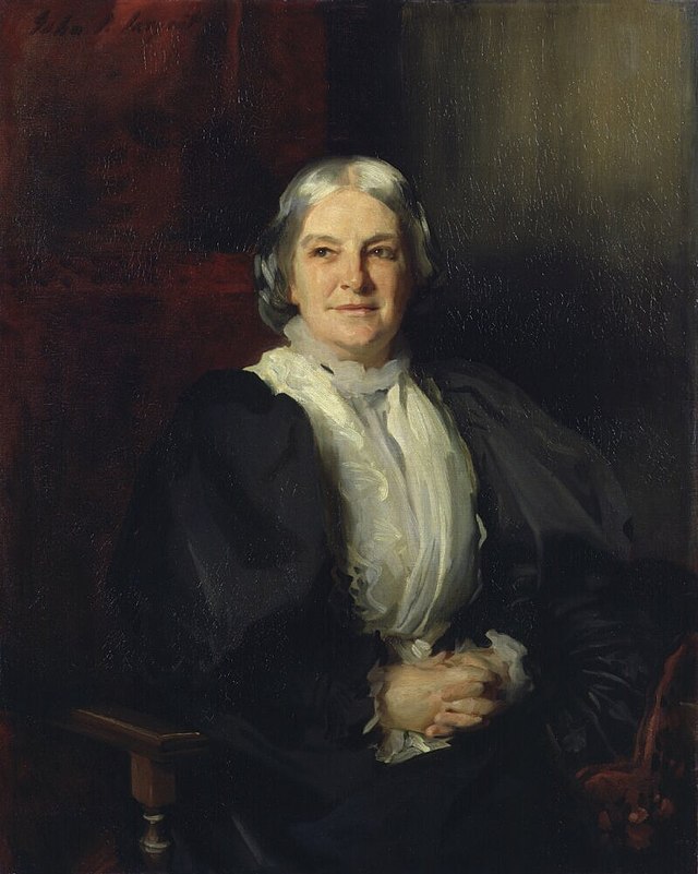 A painting of Octavia Hill, a grey-haired Victorian woman in a black dress