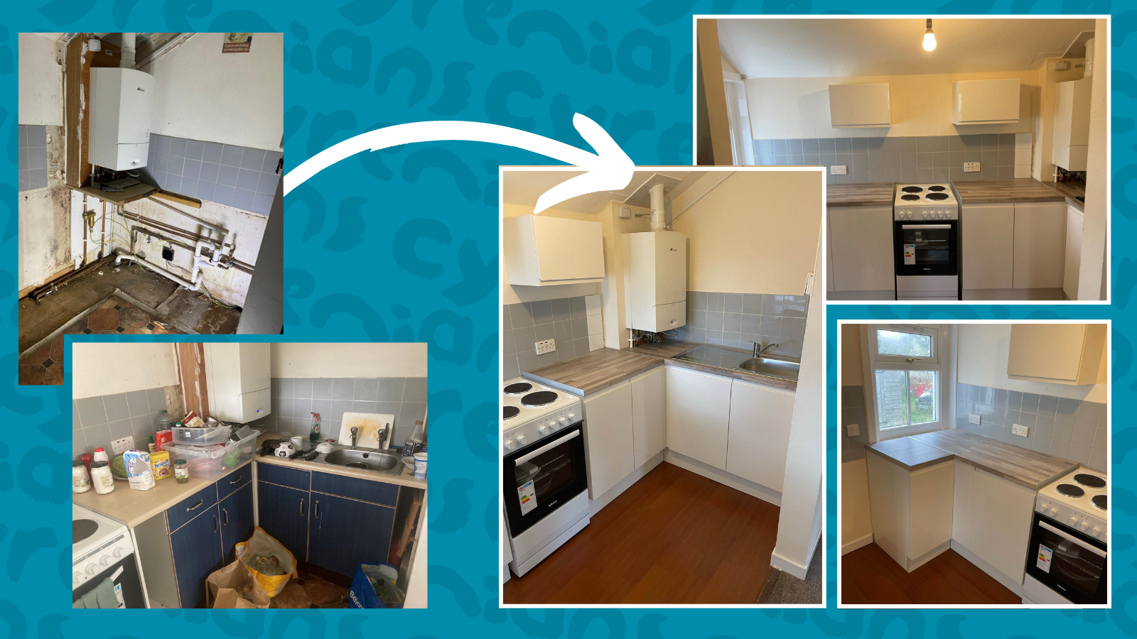 Before and after photos of the new kitchen at the cottage