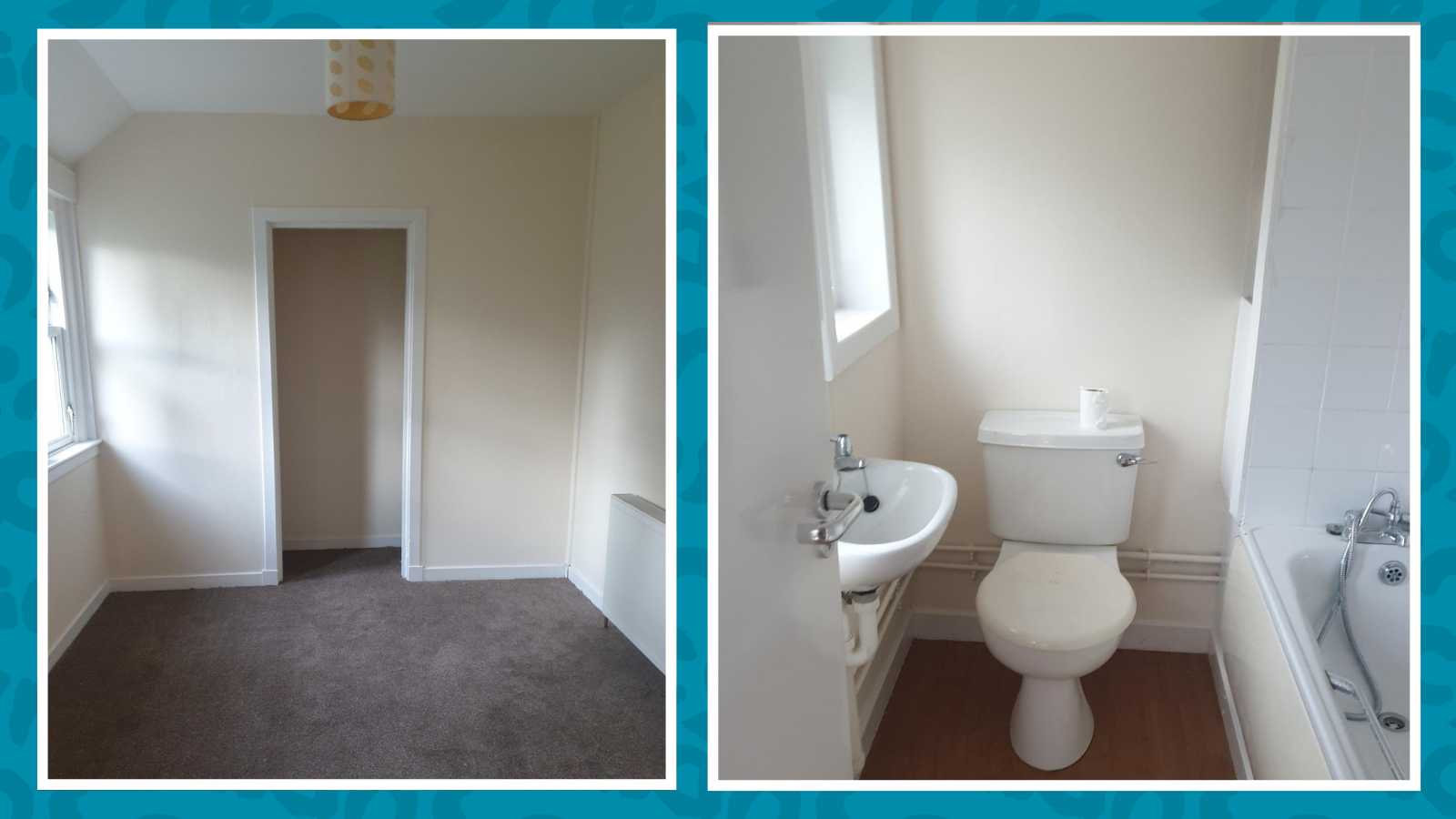 The newly painted and refloored living room and bathroom at the cottage