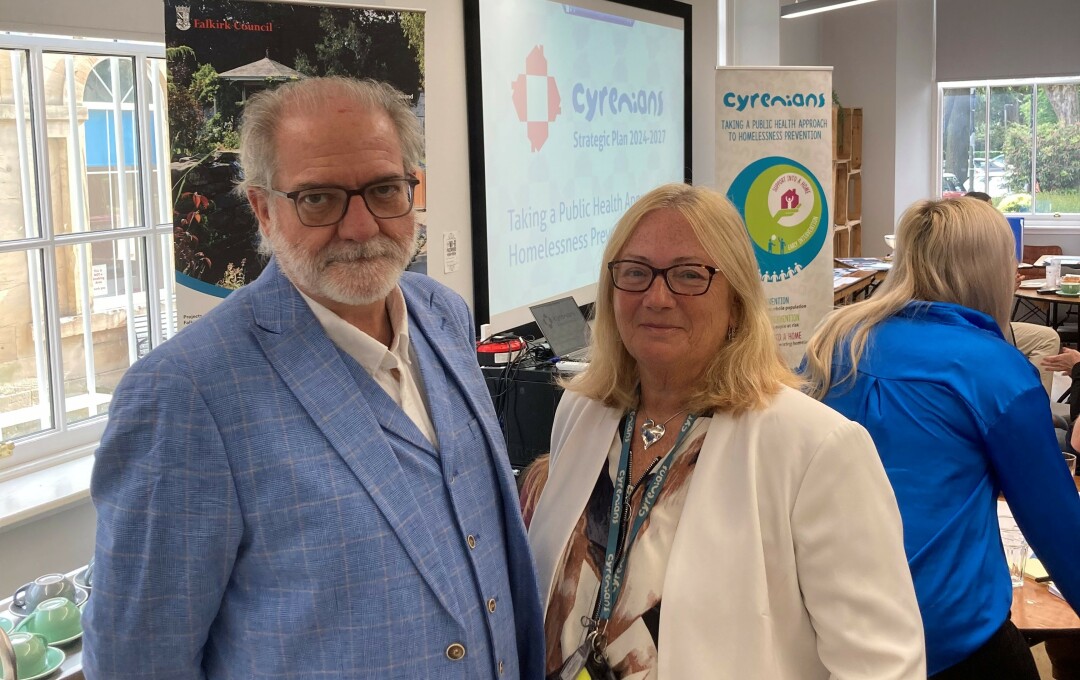 Ewan Aitken Chief Executive Cyrenians and Lynda Ross-Hale Senior Justice and Inclusion Manager welcome partners to Cyrenians Community Learning Hub at Arnotdale House, Falkirk.